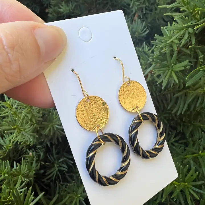 Black Gold Twist Acrylic Double Disc Earrings