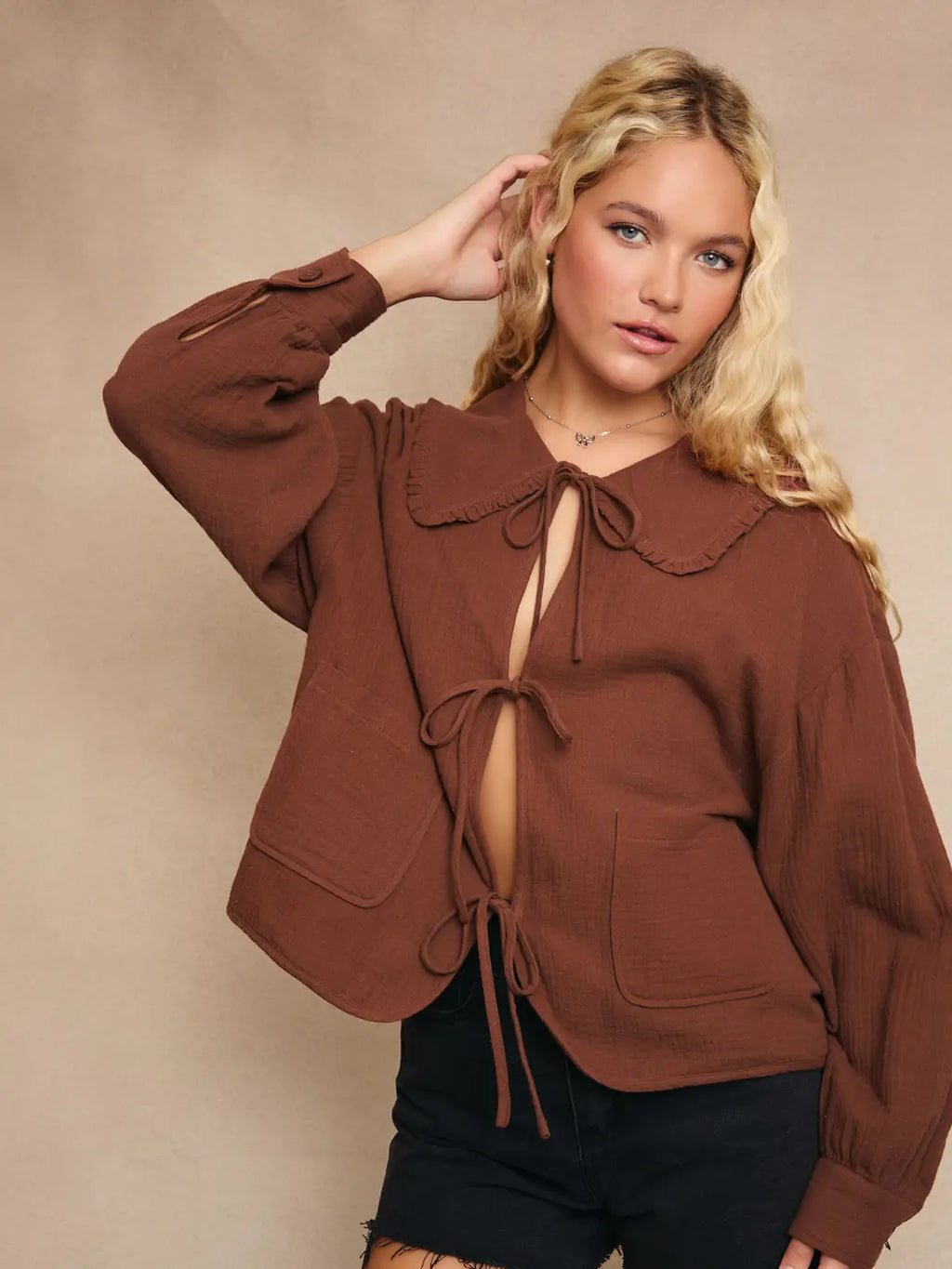 Liddy Collared Front Tie Gauze Jacket by Le Lis