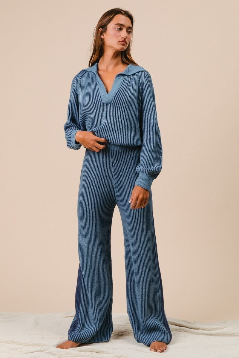 Hazel Two Tone Ribbed Collared Sweater and Pant Set in Denim/Navy