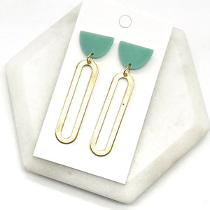 Green Sage Gold Oval Acrylic and Metal Statement Earrings