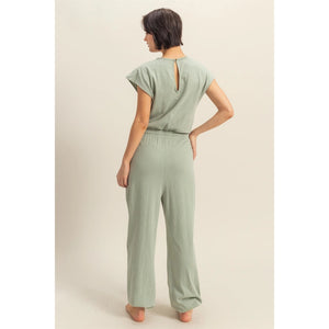 Megan Short Sleeve Casual Jumpsuit in Sage Green
