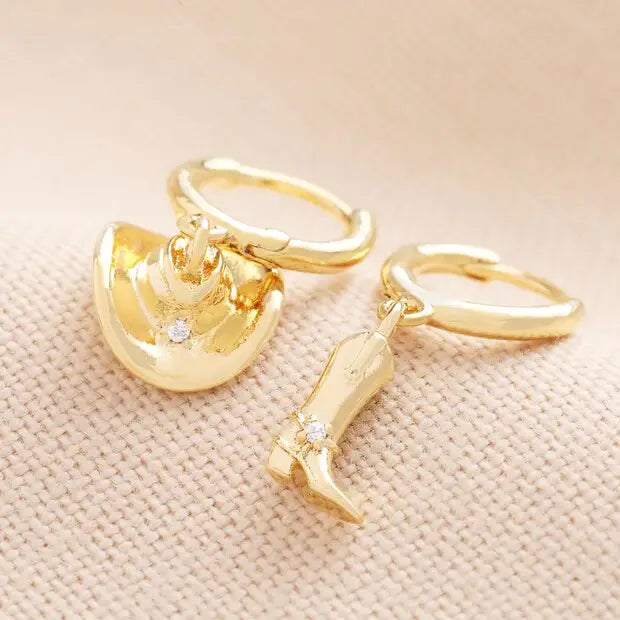 Cowboy Boot and Hat Huggie Hoop Earrings in Gold