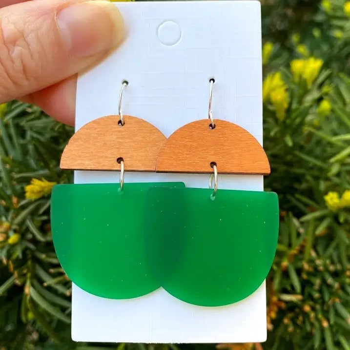 Green Wood and Acrylic Deco Drops Earring