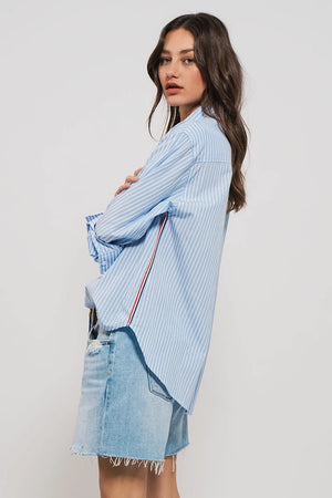 Rachel Striped Twill Detail Button Down Top