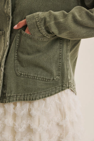 Washed Cotton Twill Oversized Jacket in Olive