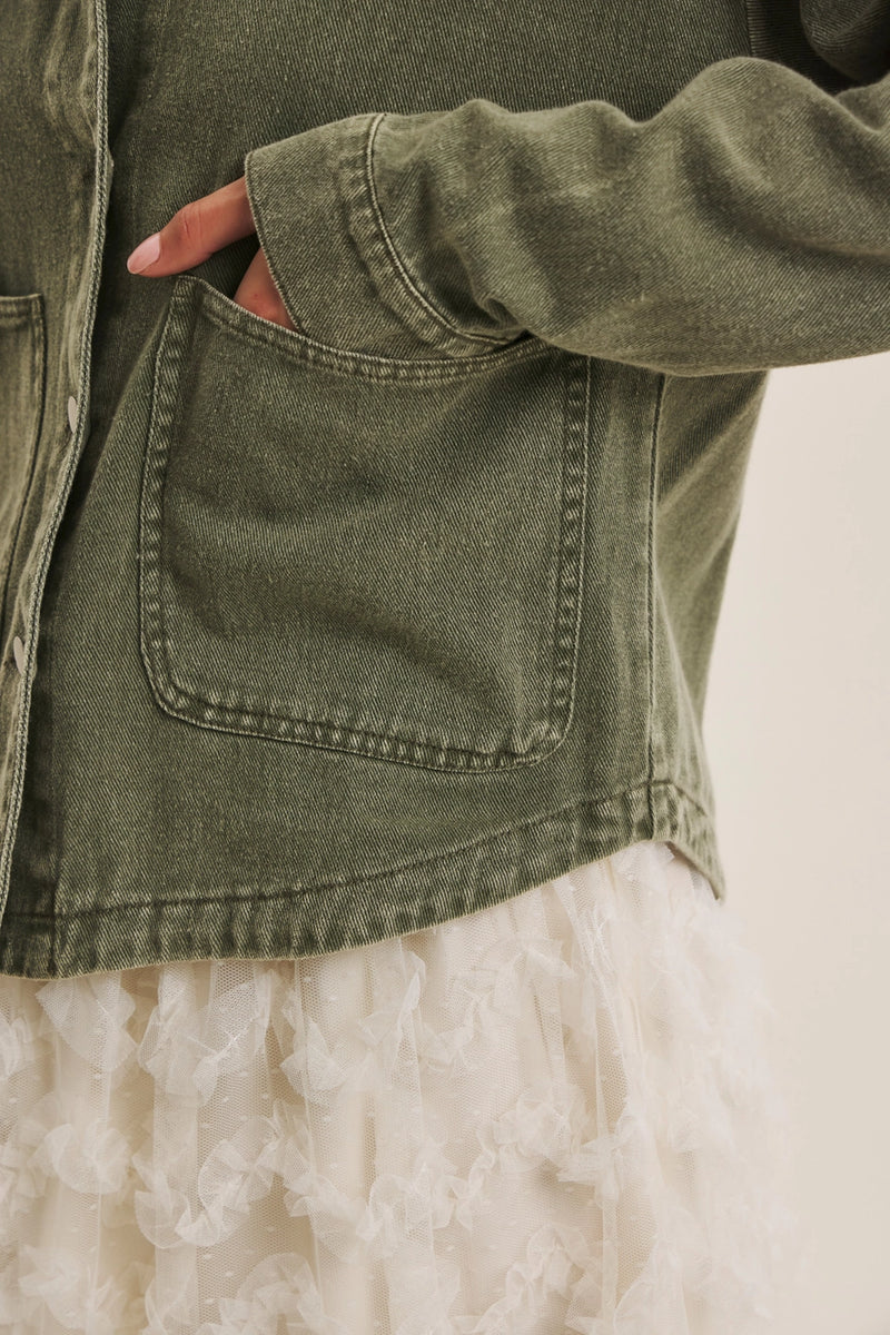 Washed Cotton Twill Oversized Jacket in Olive
