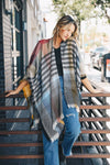 Light Multicolor Plaid Colorblock Poncho with Fringe Trim