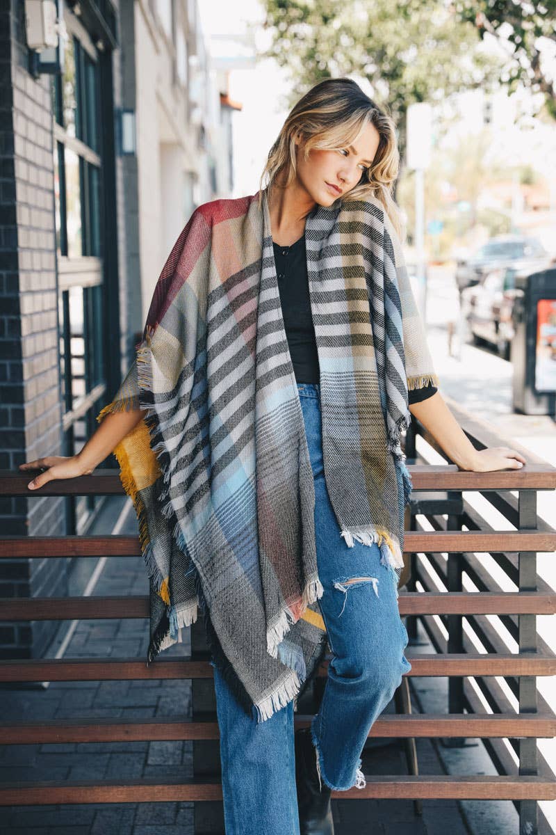 Light Multicolor Plaid Colorblock Poncho with Fringe Trim
