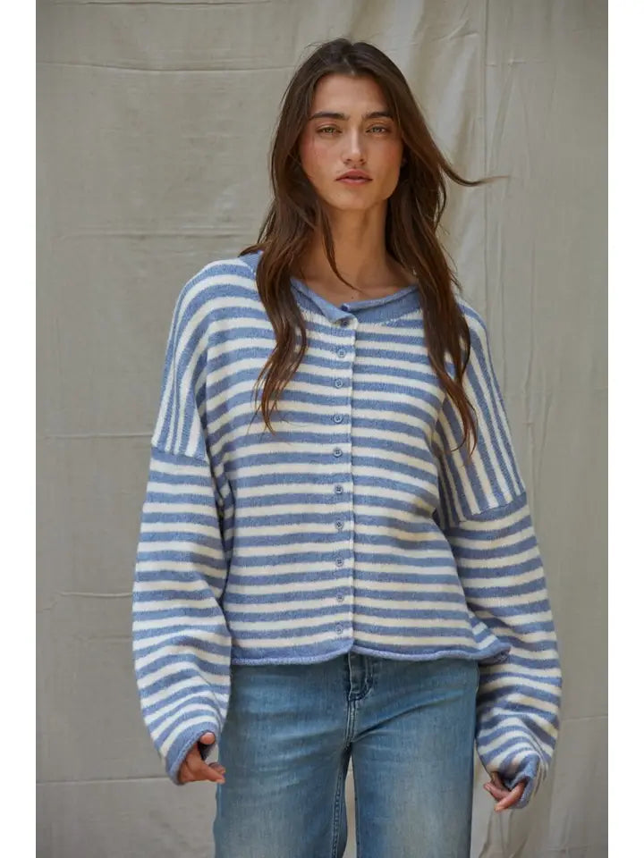 By Together Channel Knit Sweater Striped Cardigan in Blue