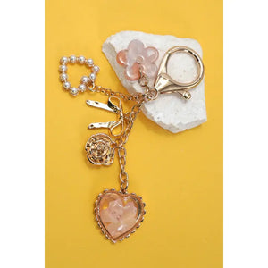 Bag Charm With Pressed Flower, Bow, Pearl and Heart Charms