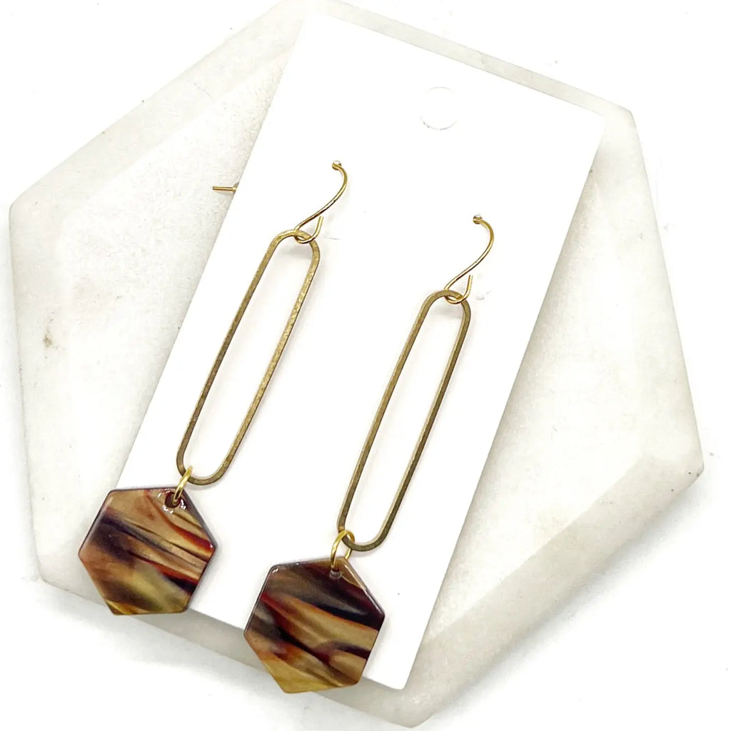 Brown Hex Acrylic Statement Earrings