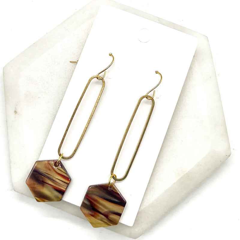 Brown Hex Acrylic Statement Earrings