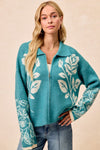 Teal Flower Sweater Zip-Front Cardigan