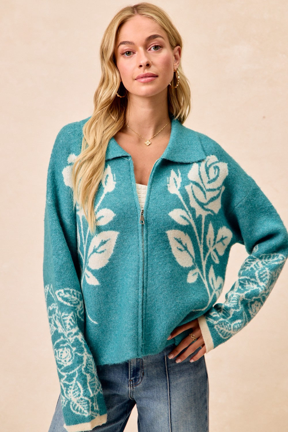 Teal Flower Sweater Zip-Front Cardigan