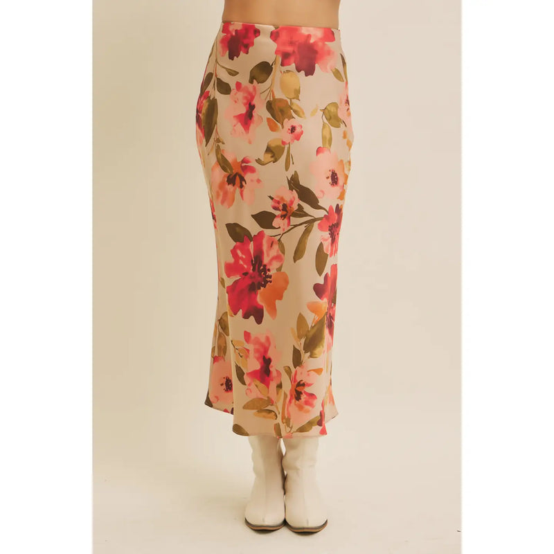Satin Bias Cut Maxi Skirt in Taupe Floral