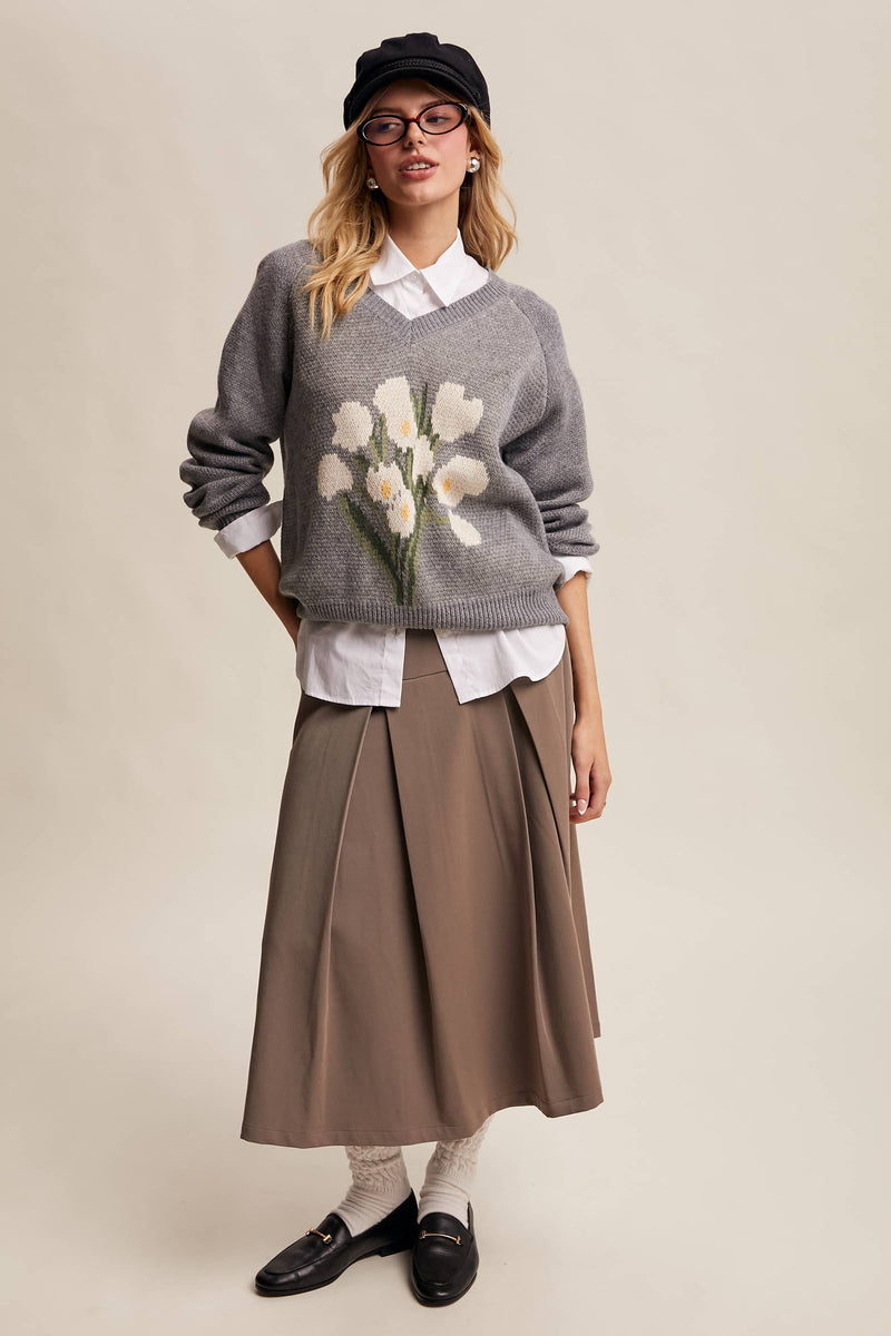 Floral Intarsia V-Neck Sweater in Heather Grey