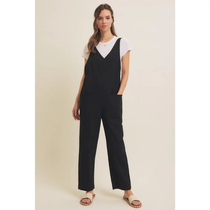 Relaxed Fit Cotton Twill Overalls With Pockets in Black