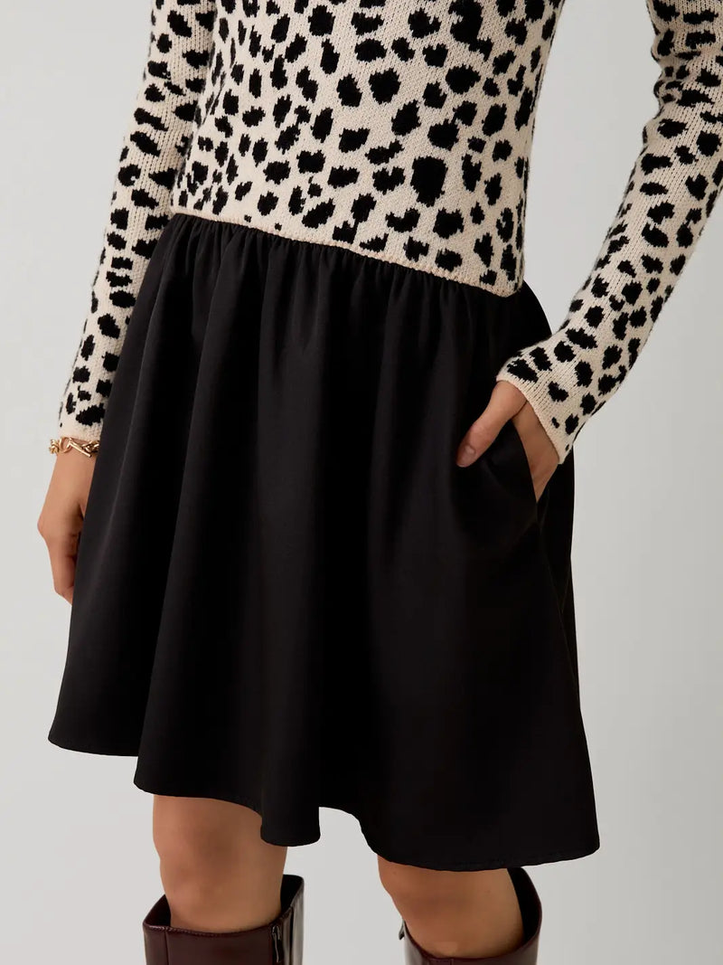 Gracie Boat Neck Animal Graphic Woven and Knit Mix Mini Dress