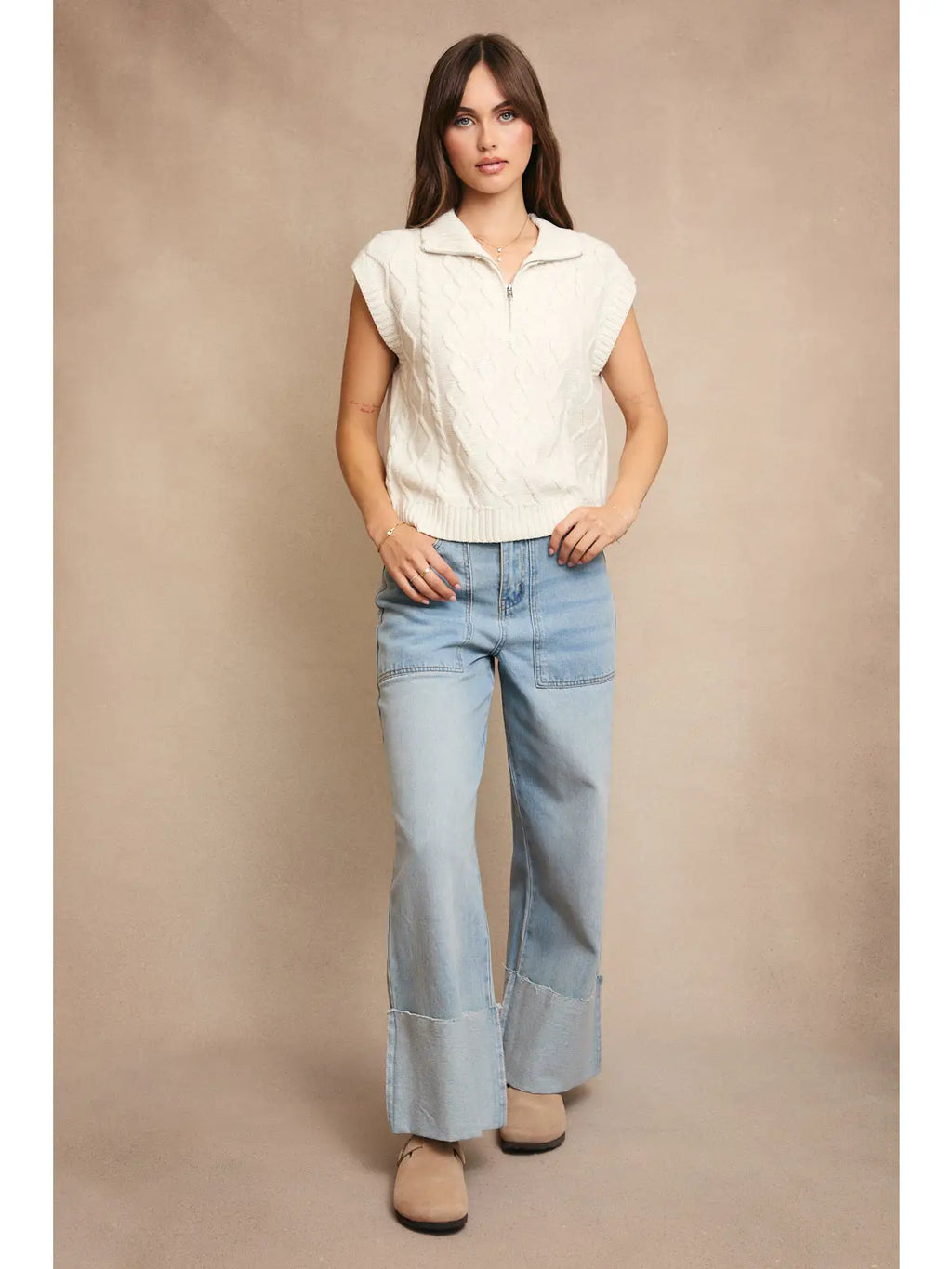 Mel Half Zipper Sleeveless Cable Knit Sweater by Le Lis
