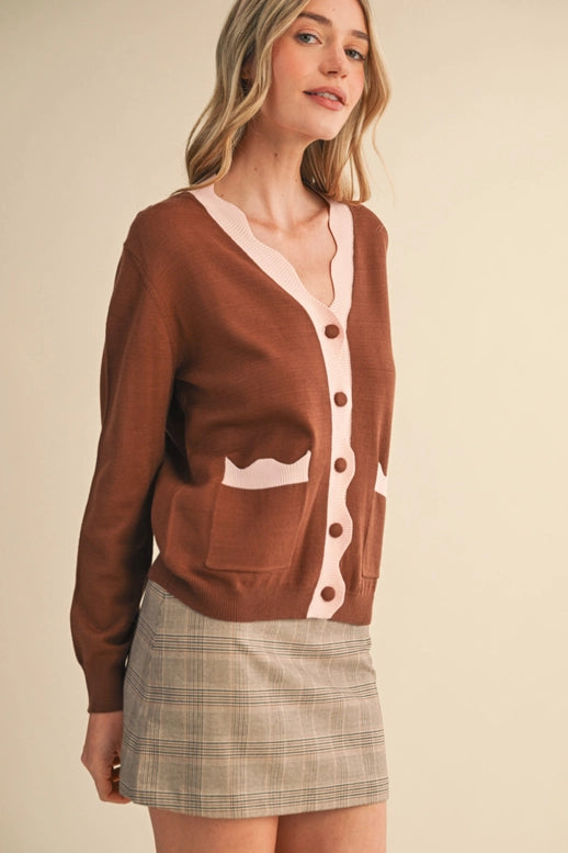Esme Scalloped Sweater Cardigan in Brown Blush