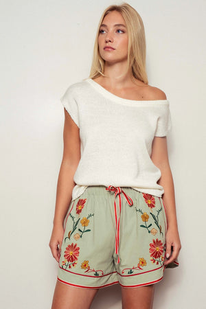 Sage Embroidered Floral Drawstring Shorts