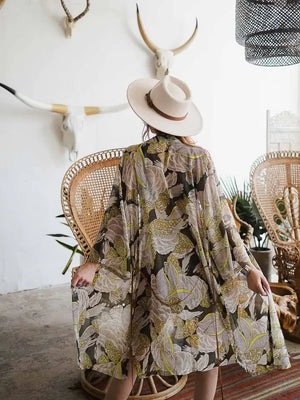 Ikebana Print Kimono With Suede Tie Belt in Green
