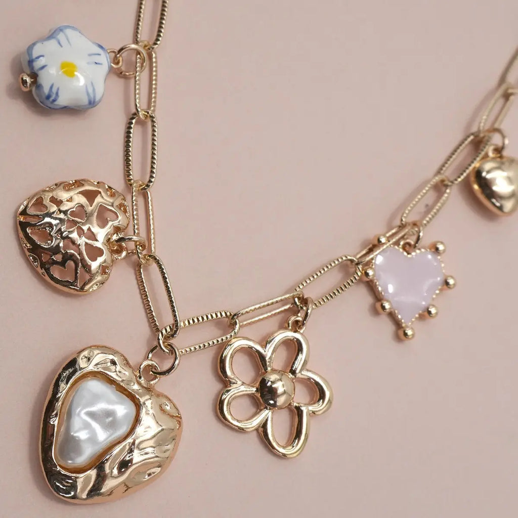 Charm Necklace With Porcelain Heart and Flowers