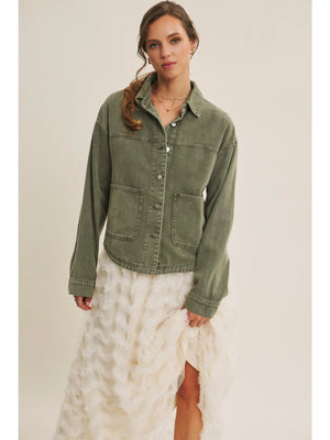 Washed Cotton Twill Oversized Jacket in Olive