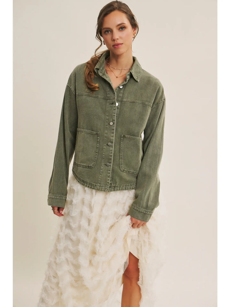 Washed Cotton Twill Oversized Jacket in Olive