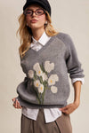 Floral Intarsia V-Neck Sweater in Heather Grey