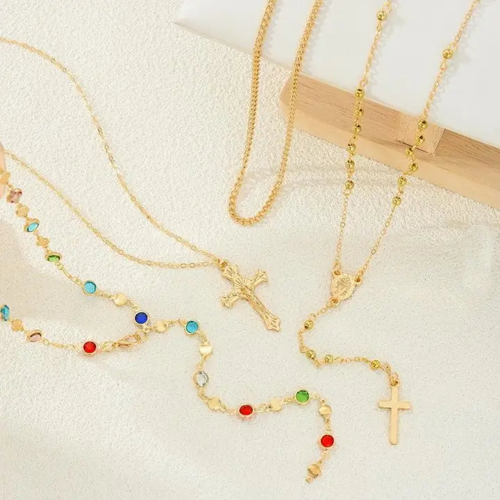 Boho Multi Stone Cross Lariat Layered Necklaces