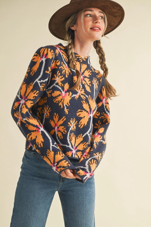Mandy Navy Floral Mock Neck Sweater by &Merci