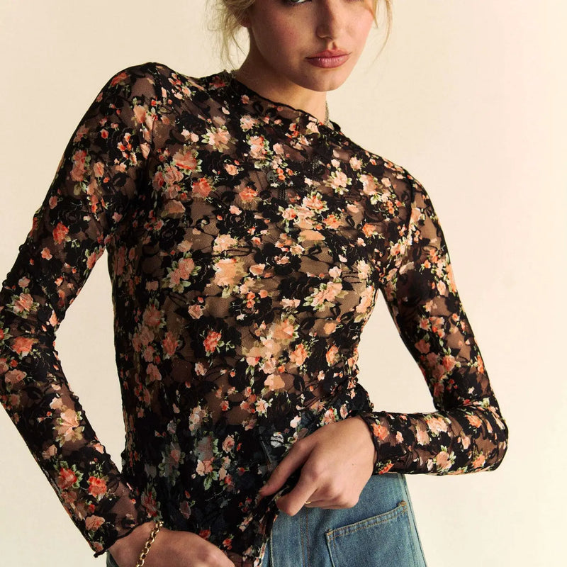 Gloria Floral Print Mesh Top in Plus Sizes