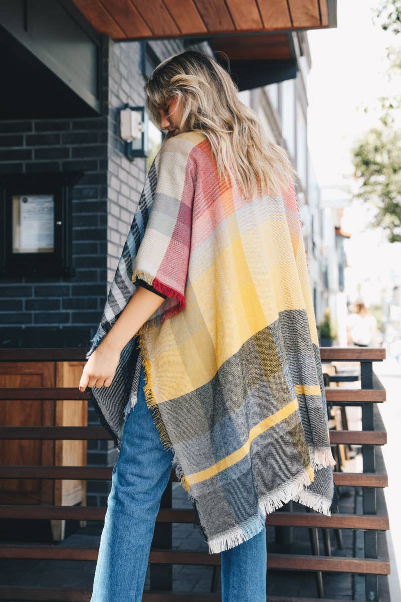 Light Multicolor Plaid Colorblock Poncho with Fringe Trim