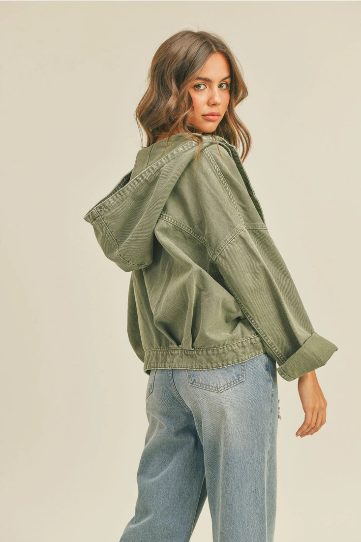 Olive Beau Washed Cotton Jacket With Hoodie by Miou Muse