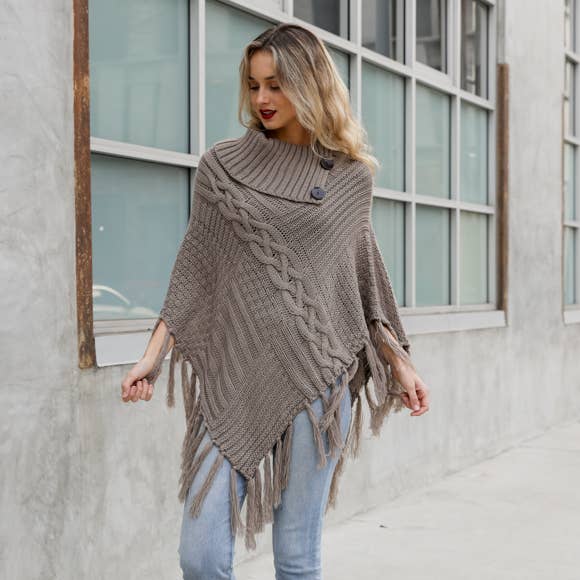 Turtleneck Cable Knit Poncho With Tassels: Mocha