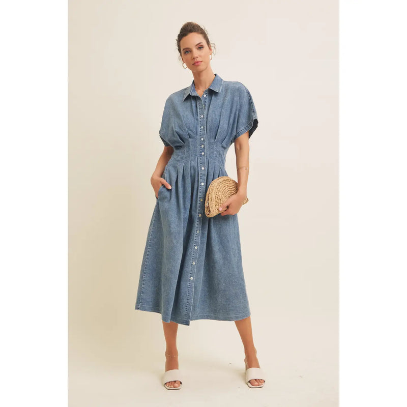 Leena Stretchy Denim Midi Dress by In February Small Leena Stretchy Denim Midi Dress by In February Small