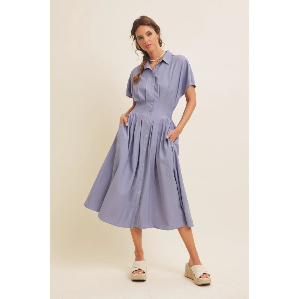 Marta Pleated Waist Button Down Flare Midi Dress In February