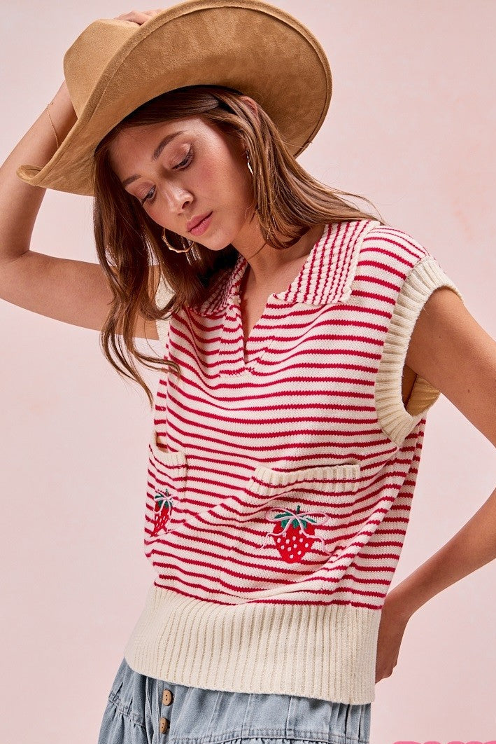Strawberry Stripe Knit Double Pocket Knit Top