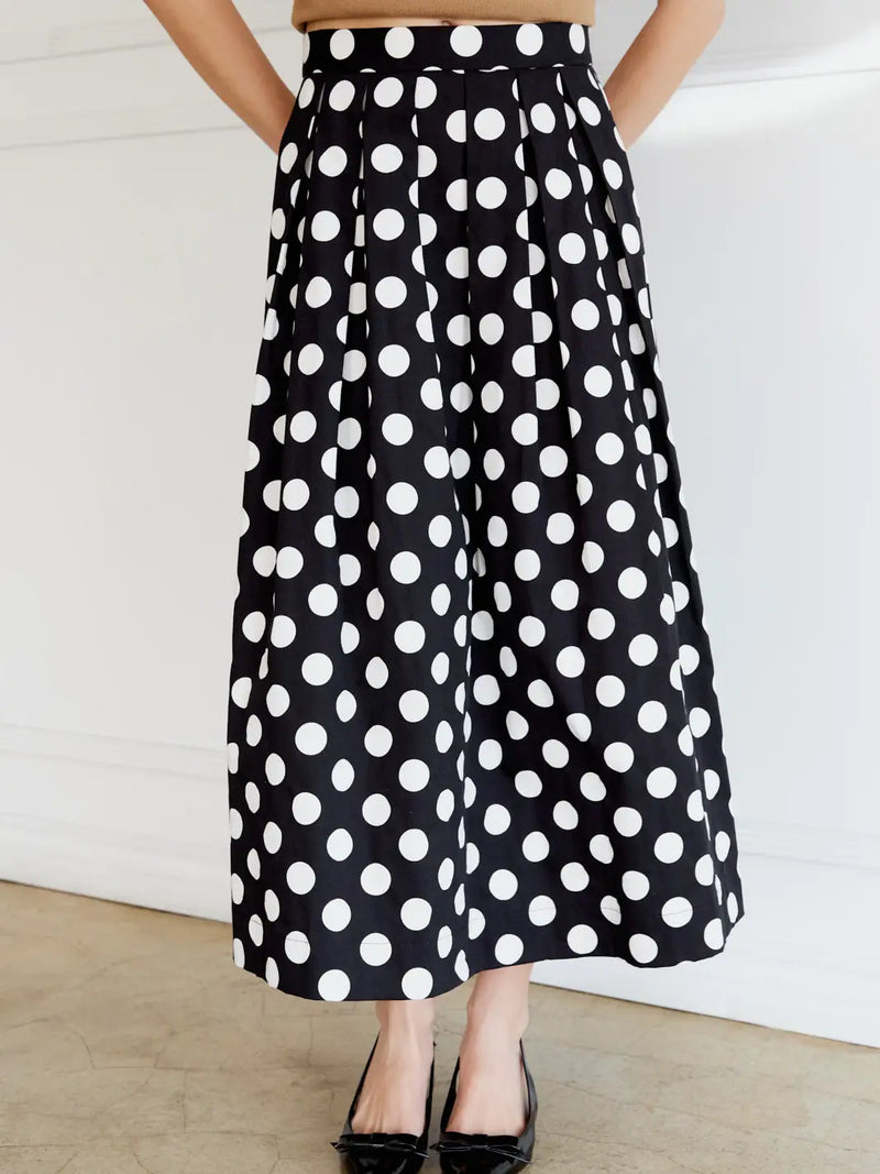 Polka Dot Pleated Circle Midi Skirt