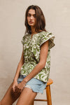 Kelly Floral Print Wave Trim Top in Moss