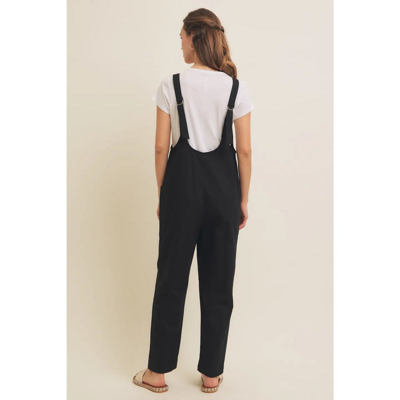 Relaxed Fit Cotton Twill Overalls With Pockets in Black