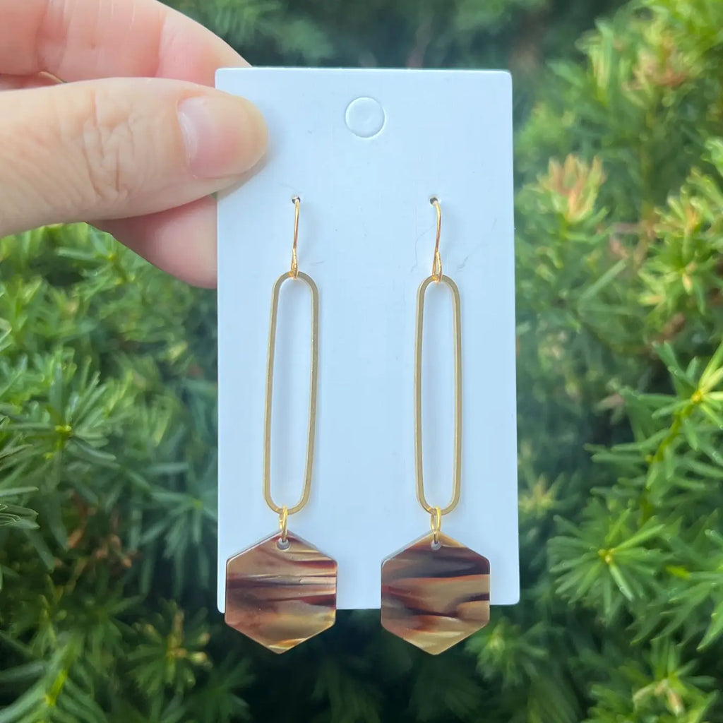 Brown Hex Acrylic Statement Earrings