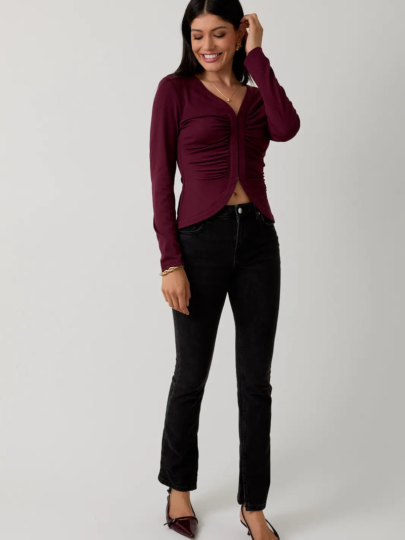 Courtney V-Neck Front Hook & Eye Top in Maroon