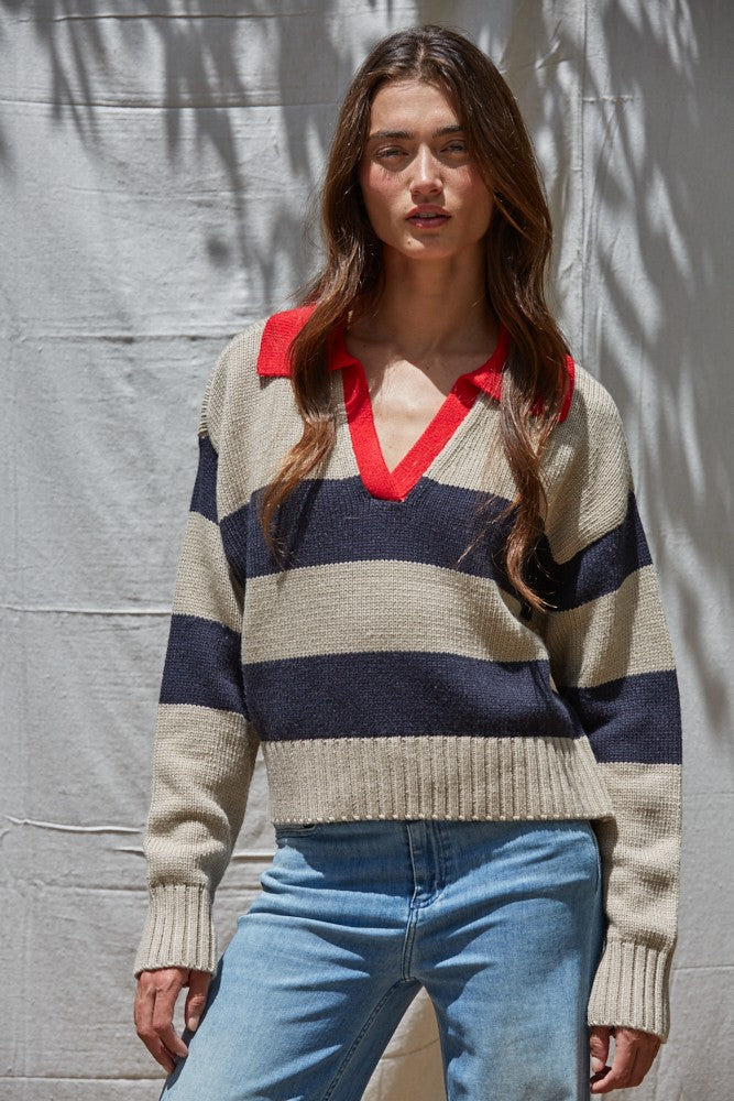 By Together Knit Pullover With Contrast Collar