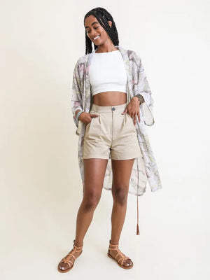 Ikebana Print Kimono With Suede Tie Belt in Pink