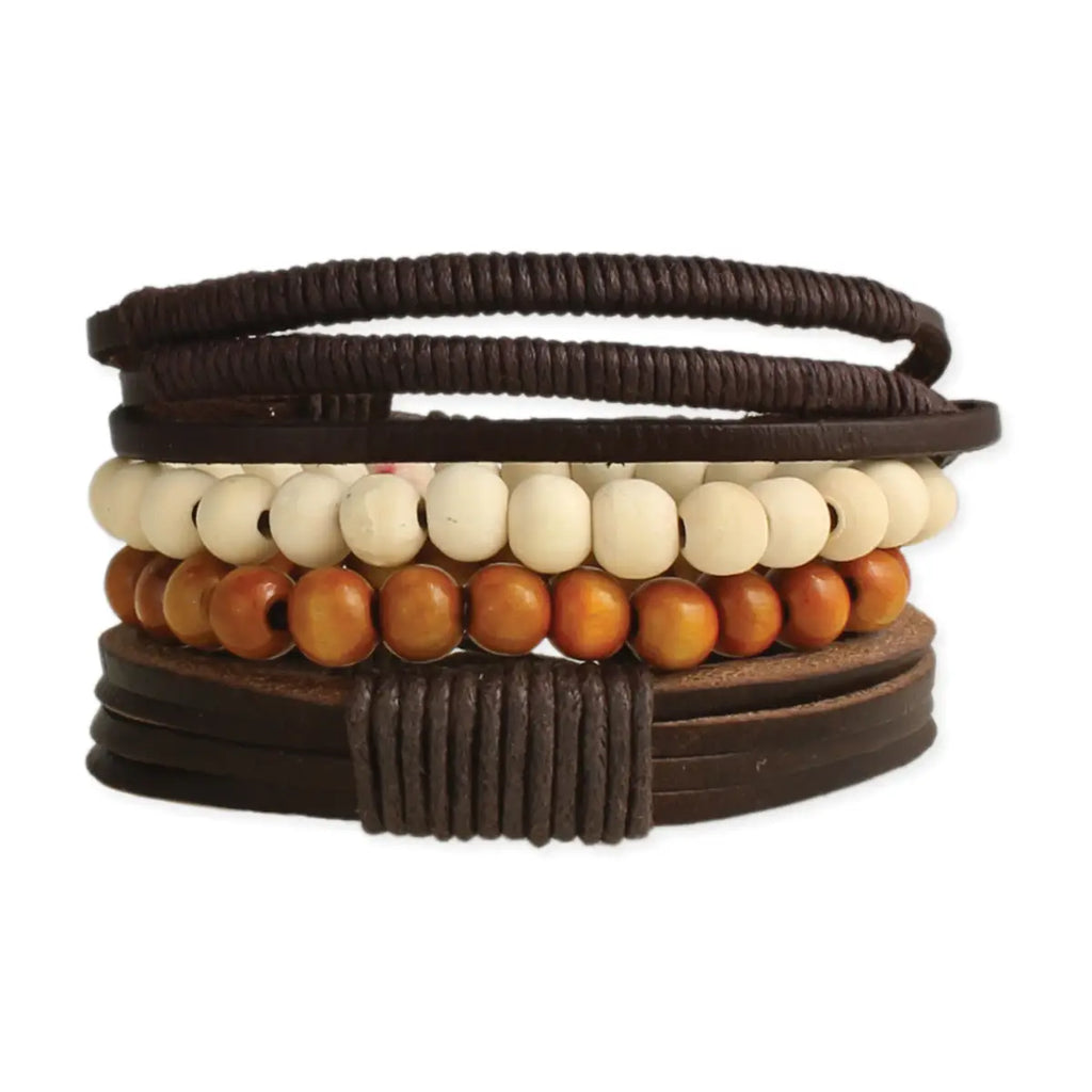 Rustic Leather & Wood Men's Bracelet Set