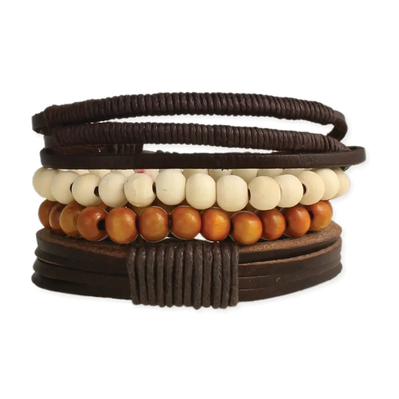 Rustic Leather & Wood Men's Bracelet Set