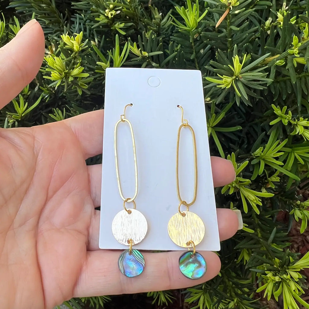 Gold Abalone Shell Double Disc Long Drop Acrylic Earrings
