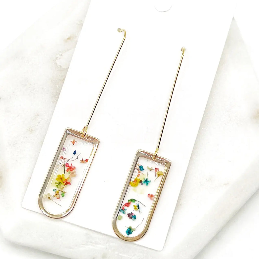 Multi-Color Pressed Flower Resin Dangle Earrings